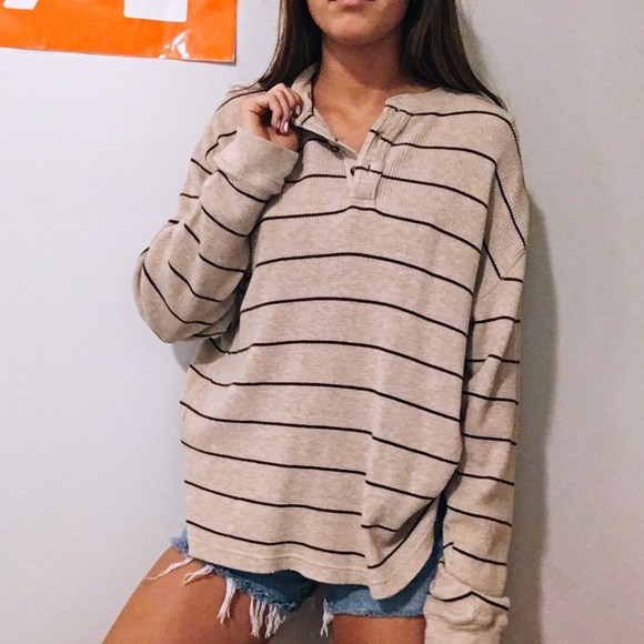 ❌❌SOLD STRIPED TAN BEACHY HENLEY LONG SLEEVE - Picture 2 of 8